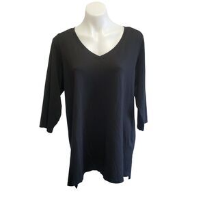 Tahari 1X Black Tunic Top VNeck TShirt Stretch Pima Cotton Modal 3/4 Sleeve Peru